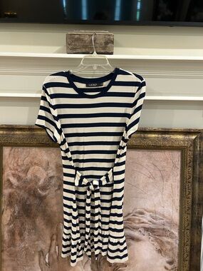 Lauren Navy and White Striped Tie-Waist Dress Black Label